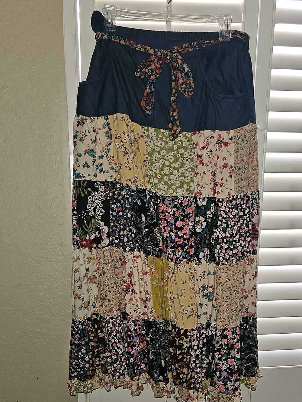 Boho Patchwork Floral Maxi Skirt with Navy Waistband